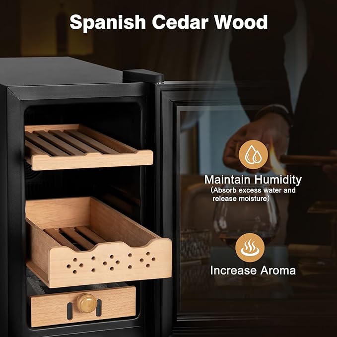 Electric Cooler Cabinet 25L with Temperature and Humidity Control, Spanish Cedar Wood Shelves and Safety Lock (180 Counts Capacity), Gift for Men - Image 3