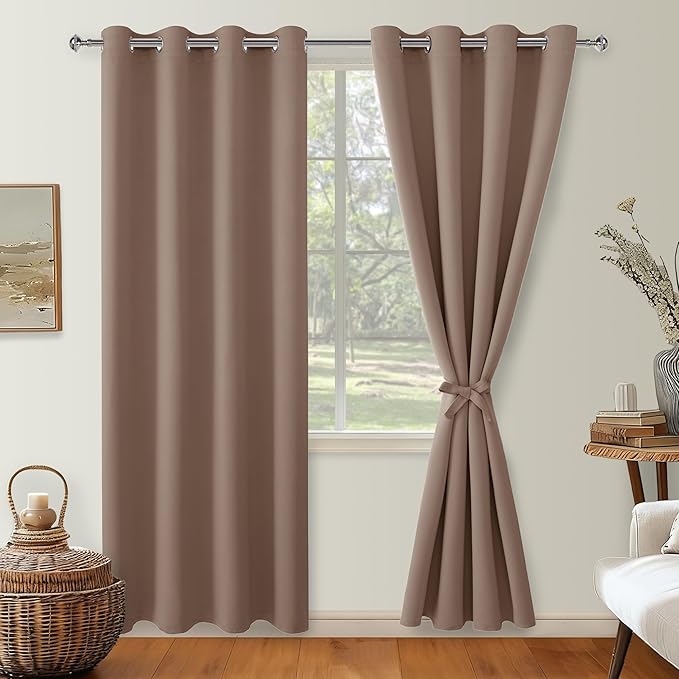 Hiasan Blackout Curtains for Bedroom, 52 x 96 Inches Long - Thermal Insulated & Light Blocking Window Curtains for Living Room, 2 Drape Panels Sewn with Tiebacks, Cappuccino - Image 2