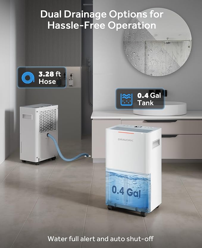 Dehumidifiers for Home with Drain Hose, Smart Humidity Control, 3 Modes for Bedroom and Bathroom, Dry Clothes, 24H Timer (Off-Gray, 21 Pints) - Image 4