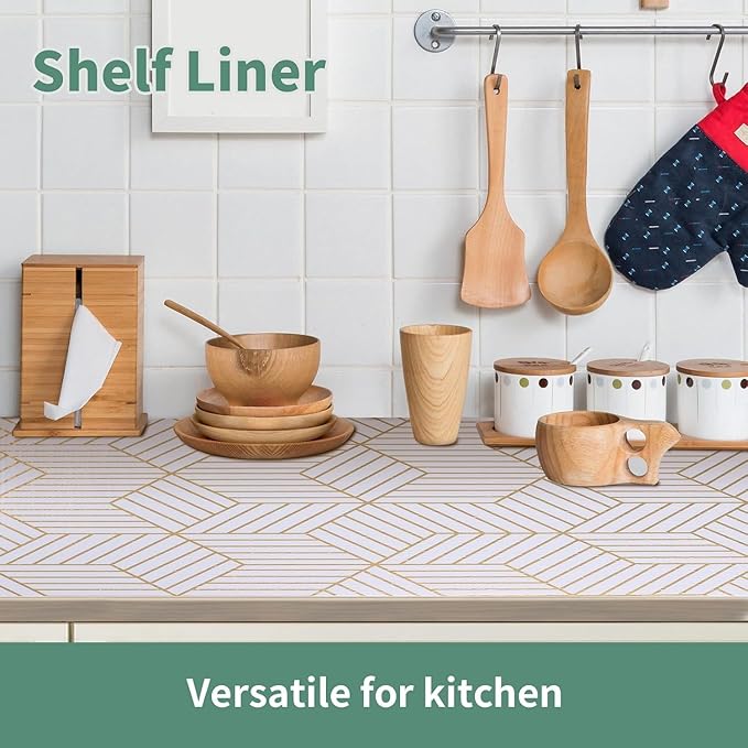 Shelf Liners for Kitchen Cabinets 23.6in x 40FT, Non Adhesive Cabinet Liner Strong Non-Slip Thickened Gold Geometric Drawer Liner, Easy to Clean for Shelf, Cabinet with Knife and Tape Measure - Image 3