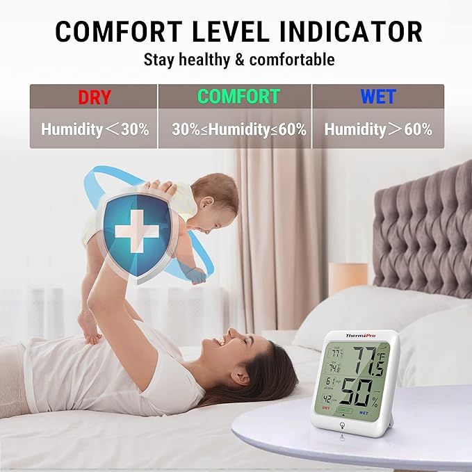 ThermoPro TP53 2 Pack Digital Hygrometer Indoor Thermometer for Home, Temperature Humidity Sensor with Comfort Indicator & Max Min Records, Room Thermometer Humidity Meter with Backlight Display - Image 3