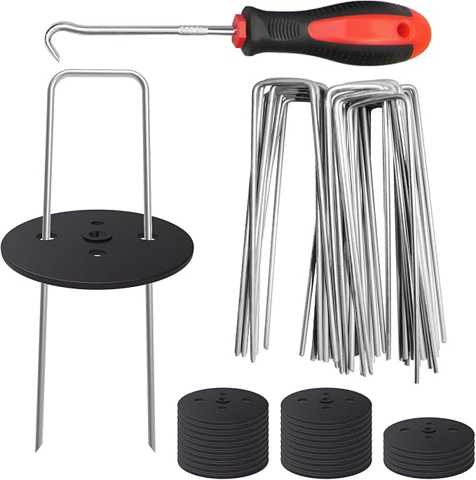 MySit Weed Fabric Staples, 6 inch Landscape Fabric Pins Garden Staples with Gaskets Pick Hook, U Shaped Stakes for Ground, Gardening, 25 Pack by MySit