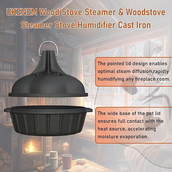 Wood Stove Steamer & Woodstove Steamer Stove Humidifier Cast Iron,2.4 Qt Round Fireplace Humidifier & Simmer Pots with Heart-shaped Vent At The Top Covers (Round-2) - Image 3