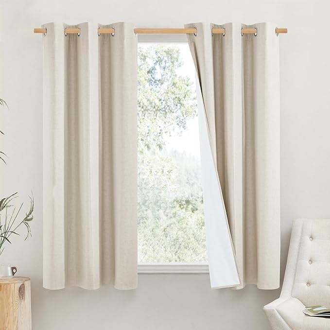 NICETOWN Linen Blackout Cold Blocking Curtains 63" Long for Classroom, Beige, Set of 2, Short Kitchen Burlap Linen 100% Blackout Drape Panels for Night Shift, Great Job for Blocking Light by NICETOWN