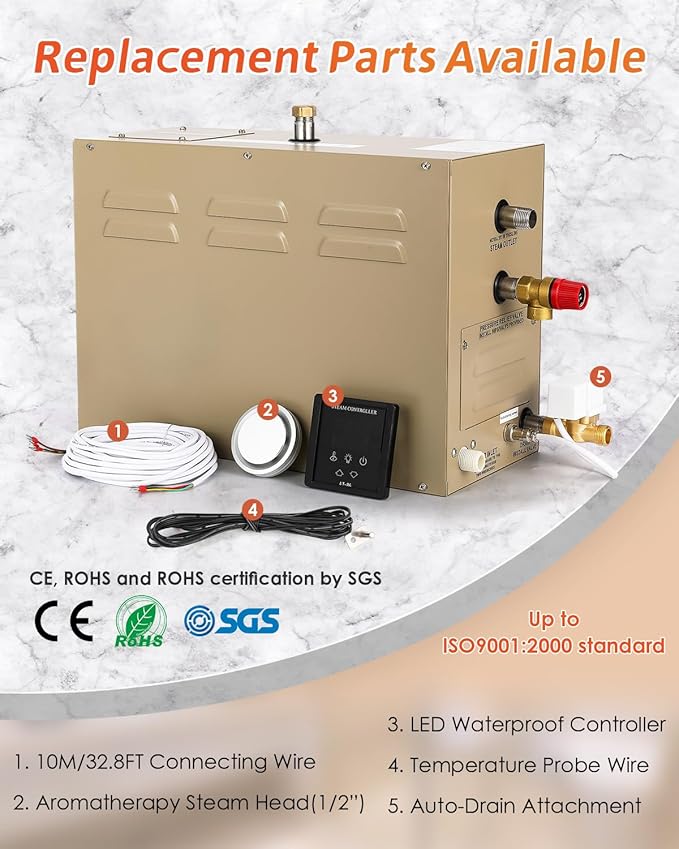 Steam Shower Generator Kit 9KW for Bath Sauna SPA, Aromatherapy Steam Head, Self-draining System, LED Touchscreen Controller, 12-Hour Timer 77-131℉ for 318CBFT/9m³ Room - Image 6
