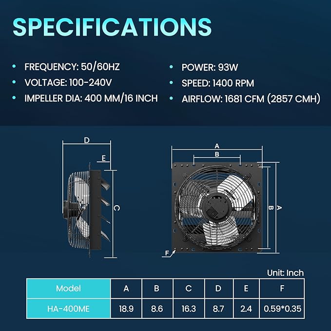 HG Power 16 Inch Attic Fan with Speed Controller, 1681 CFM Shutter Exhaust Fan with EC Motor, Wall Mounted Greenhouse Fan for Shed, Basement, Gable, Chicken Coop Ventilation Use, Black - Image 5
