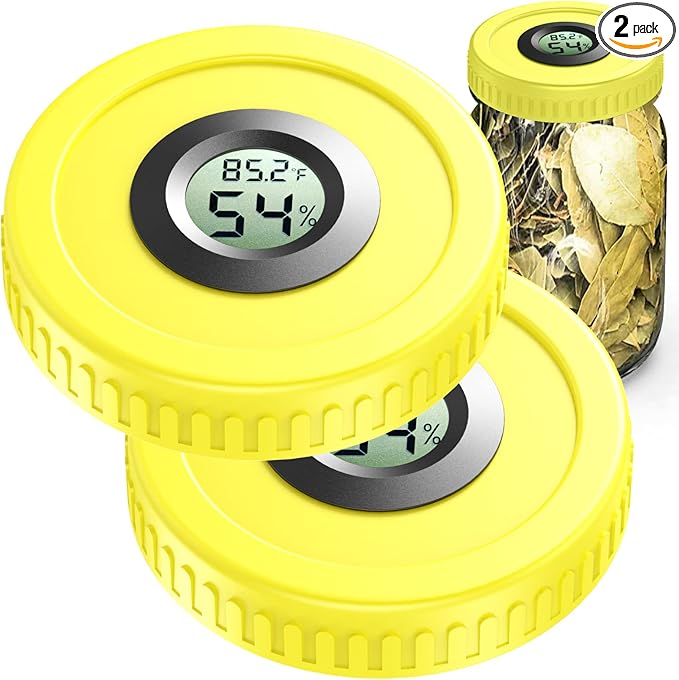 Airtight Mason Jar Lids Built-In Stash Hygrometer Herb Curing monitor fits all Wide Mouth/Regular Mouth Mason Jars humidity lid 2pcs (86mm, Yellow) by ZHANXUBIO