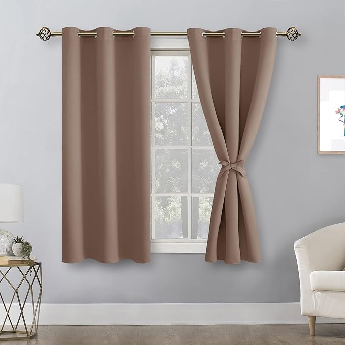 Hiasan Short Blackout Curtains for Bedroom - Thermal Insulated & Light Blocking Window Curtains for Living Room, 2 Drape Panels Sewn with Tiebacks, Cappuccino, 42 x 45 Inch - Image 2