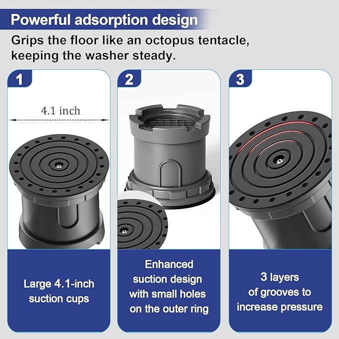 4Pcs Anti Vibration Pads for Washing Machine, Adjustable Height Stops Washer Dryer Moving, Prevents Noise, Vibration Transfer, Antivibration Stabilizer Support Feet with Suction Cup Bottom (Grey) - Image 4