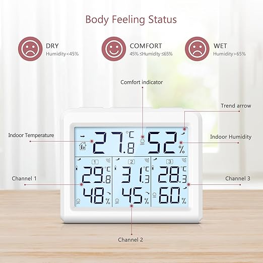 LOFICOPER Indoor Outdoor Thermometer Wireless, Digital Temperature Humidity Meter, Indoor Hygrometer Thermometer with 3 Sensors, Max/Min Record, Comfort Indicator, Backlight, for Home Office Bar - Image 3