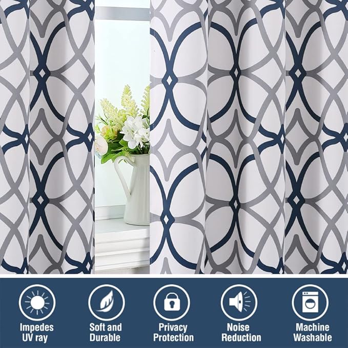 H.VERSAILTEX Blackout Curtains Printed Design 63 Inch Length 2 Panels Set Thermal Insulated Curtains for Bedroom Living Room Geometric Modern Grommet Window Drapes - Dark Denim and Grey - Image 6