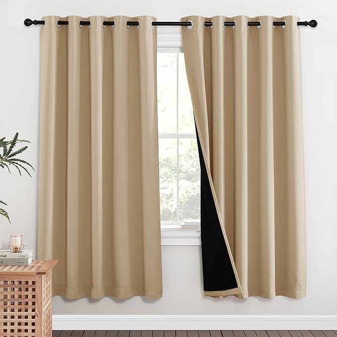NICETOWN Living Room Completely Shaded Draperies, Privacy Protection & Noise Reducing Ring Top Drapes, Black Lined Insulated Window Treatment Curtain Panels(Biscotti Beige, 2 Pieces, W62 x L72) - Image 2