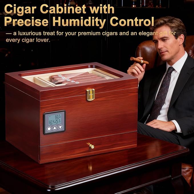 Cigar Humidor Cabinet with Electric Humidifier Precision Humidity Control Digital Display Double-Layer Cedar Shelves Glass Top Accessory Drawer, 65-Cigar Capacity, Father's Day Gift for Men (Brown) - Image 7