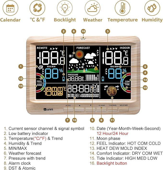 Weather Station Indoor Outdoor Thermometer Wireless, Home Atomic Clock with Large Constant Display, Inside Outside Temperature Humidity Monitor, Dew Heat Point, Barometer Wood - Image 6