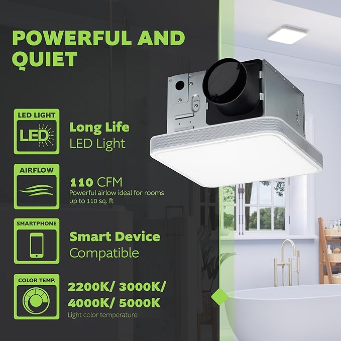 Homewerks 7148-01-AX Smart Bathroom Fan with Alexa Voice Assistant Color Changing LED Light and Bluetooth Speakers 110 CFM 1.5 Sones - Image 6