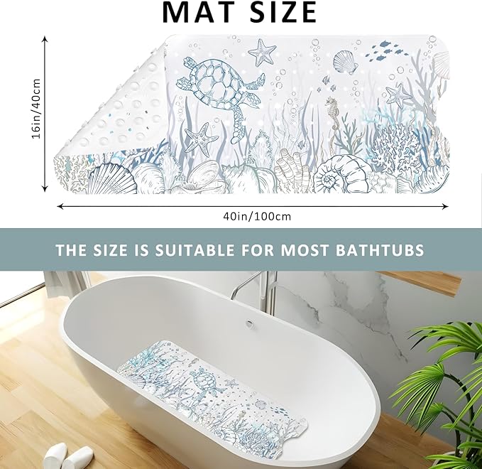 Sea Turtle Bathtub Mat Non Slip, Cute Baby Bath Mat for Tub Rubber Tub Mat, Kids Bath Mats for Bathroom Undersea Anti Slip Shower Mat with Suction and Drain Holes Machine Washable, 40″X16″ - Image 3