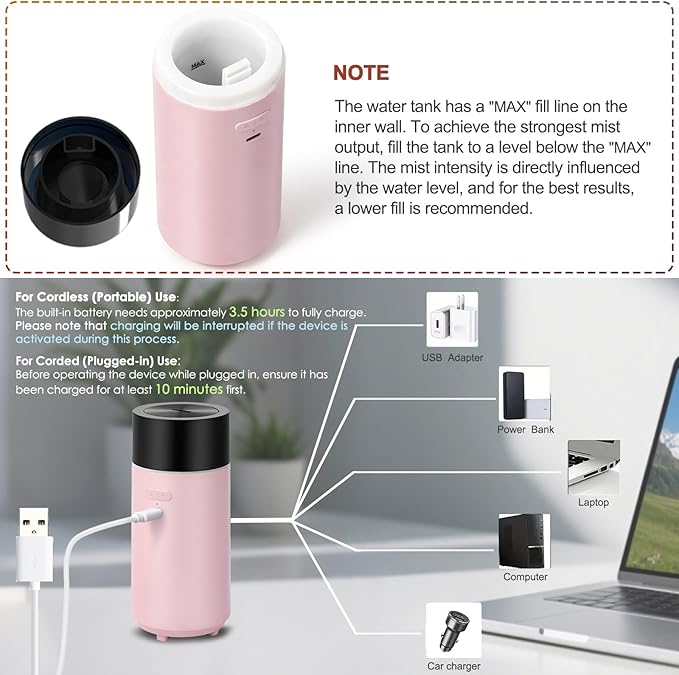 HODEMI Cordless Diffuser for Essential Oil,Portable Cool Mist Aromatherapy Car Diffuser,Built-in 3000mAH Rechargeable Battery,4/8 Timer Modes, Auto On/Off with Car,for Home,Office,Travel (Pink) - Image 7