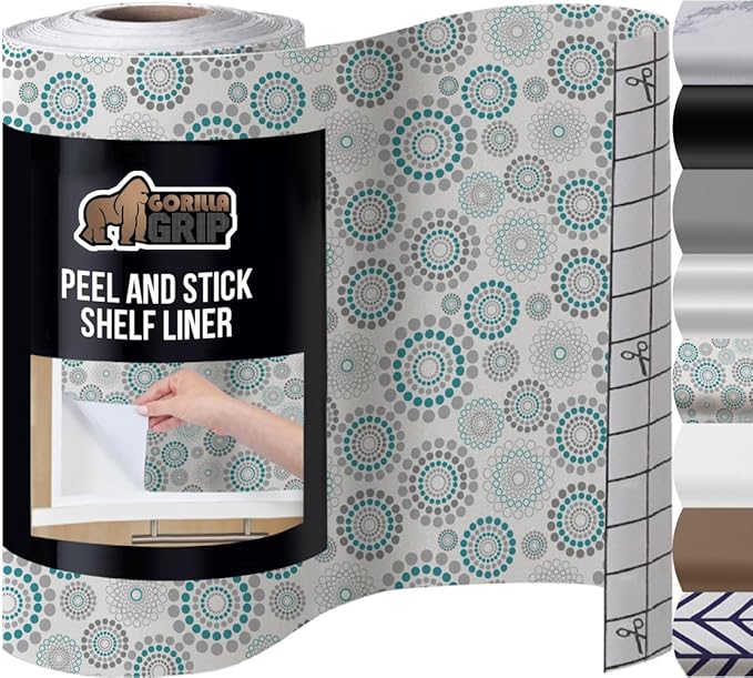 GORILLA GRIP Peel and Stick Paper, Removable Cover for Books, Shelves, Countertops, Drawers, Cabinets and Crafts, Easy Install Kitchen Decor, Shelf, Drawer, Cabinet Liners, 17.5 in x 10 FT Spiral Turq by GorillaGrip