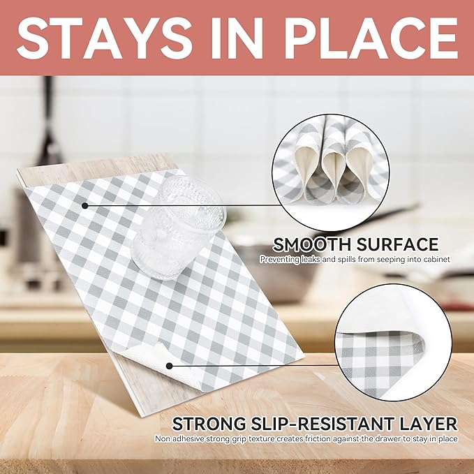 RAY STAR Shelf Liners for Kitchen Cabinets Non-Adhesive, 18 Inch X 8 Feet Cabinet Liners for Shelves Non Slip Grip Bottom Drawer Pantry Liner Gingham Checkered Grey (3 Rolls) Signature DELIVERY - Image 3