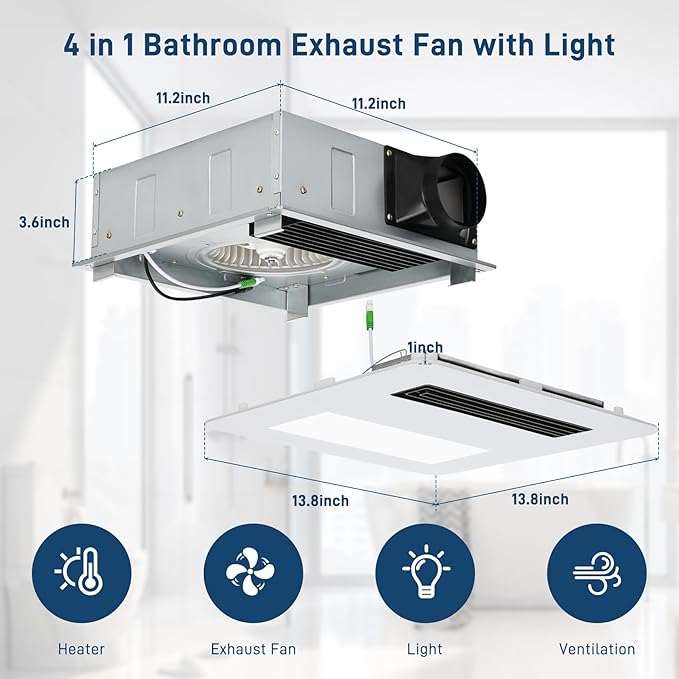 Quiet Bathroom Exhaust Fan with Light and Heater | 4-in-1 Bathroom Ventilation System | 1800W Heating Power, 190 CFM, Ultra-Low 30dB Operation | Energy Efficient, Easy Installation for Bathrooms - Image 3