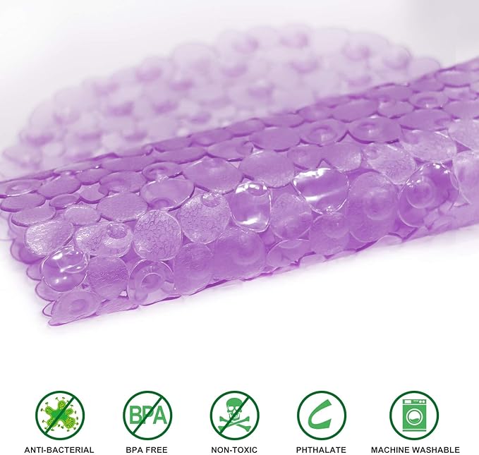 WELTRXE Pebbles Bath Mat Oval Non-Slip Bathtub Mat with Suction Cups, Drain Holes for Bathroom Showers, Tub, Machine Washable, BPA, Latex Free Safe Shower Mats, 27 x 14 Inch, Purple - Image 2