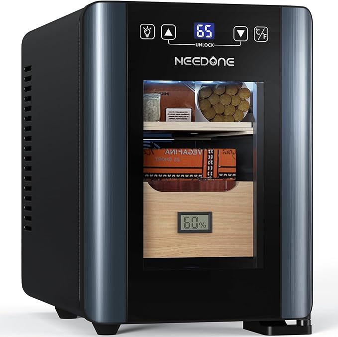 NEEDONE Cigar Humidor 8L with Heating & Cooling Control, Quiet Thermostatic Electric Cooler Cabinet for 80 Counts with Spanish Cedar Wood Shelves & Drawer with Hygrometer, Gift for Men by NEEDONE