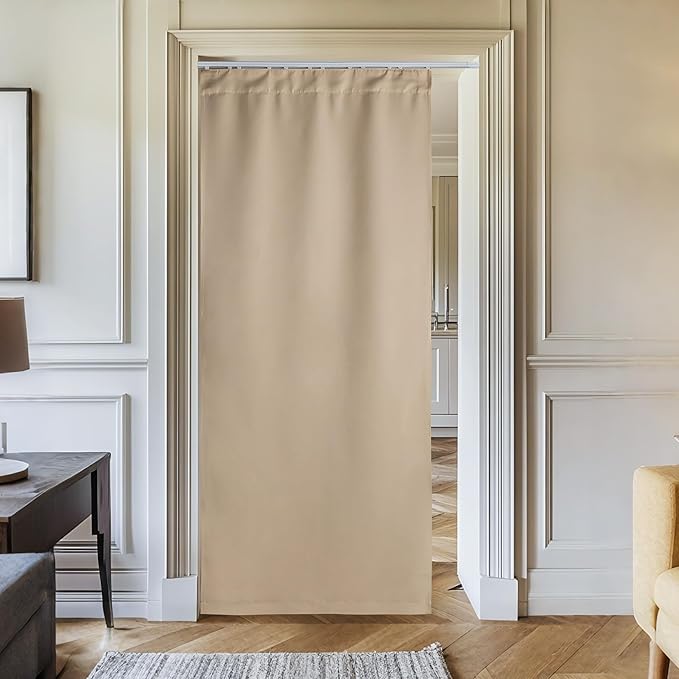 NICETOWN Doorway Curtain & Track Set, Privacy Room Darkning French Door Curtain with Smooth Track for Closet/Bay, Thermal Insulated Drape for Office/Bedrrom, W 34 x L 80 in, Biscotti Beige, 1 Panel by NICETOWN
