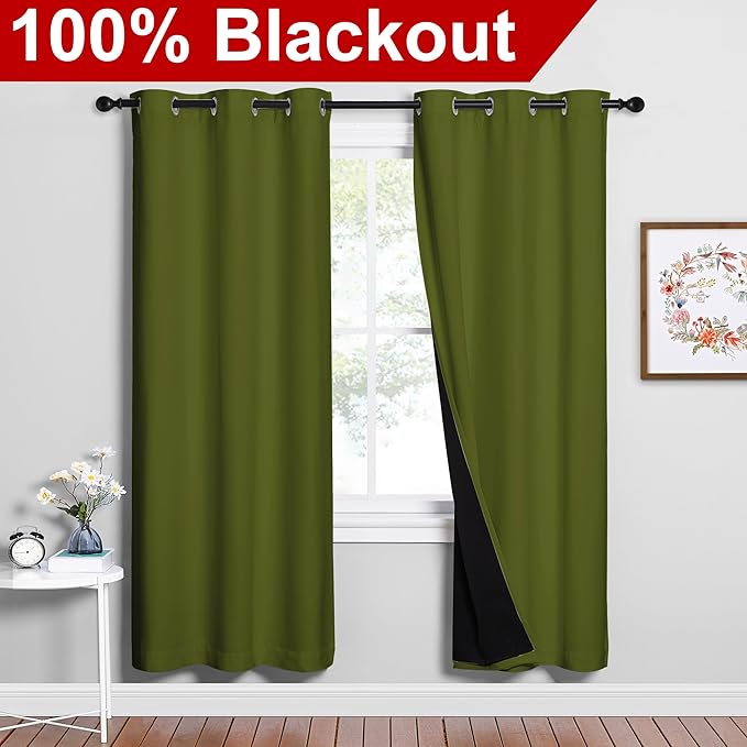 NICETOWN 100% Blackout Window Curtain Panels, Olive Green, 2 Pieces, 42-inch Wide Per Panel, Full Light Blocking Drapes with Black Liner for Nursery, 72-inch Drop Thermal Insulated Draperies - Image 2