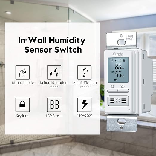 [New Generation] Humidity Sensor Switch, Ortis in-Wall Bathroom Fan Automated Control Switch, Air Moisture Detection, Neutral Wire Required, White, 120V/220V - Image 2