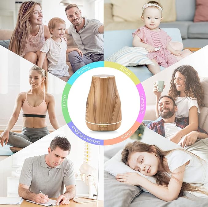 Aromatherapy Essential Oil Diffuser for Room: 100ml Air Humidifier Aroma Scent Cool Mist Diffusers Colorful Light Cute Mini Small Waterless Auto Off Ultrasonic for Home Bedroom (Yellow Wood Grain) - Image 8