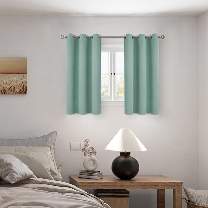 BGment Short 100% Blackout Curtains for Bedroom, Thermal Insulated Lined Energy Efficiency Noise Reducing Grommet Curtains 45 Inch Length for Small Window 2 Panels Each 42 Inch Wide, Frosty Green - Image 2