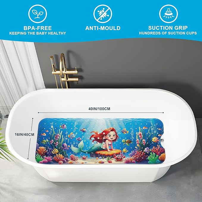 XIYUNTE Baby Bath Mat for Tub Non Slip Kids Bath Mat - 40''x16'' Extra Long Cartoon Bathtub Mat Non Slip Kids Shower Mat Eco-Friendly Toddler Bath Mats with Suction Cups, Machine Washable, Mermaid - Image 2