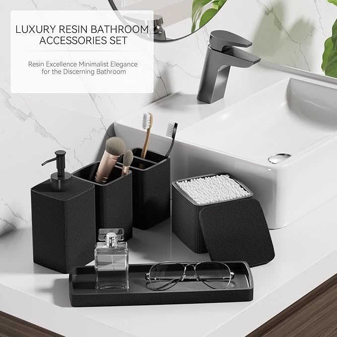 Matte Black Bathroom Accessories Set 5 Pieces, Resin Toothbrush Holders Set Complete with Soap Dispenser, Toothbrush Holder, Vanity Tray, Bathroom Tumbler and Qtip Holder for Small Spaces - Image 6