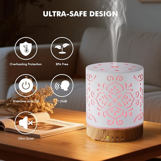 Essential Oil Diffuser for Home - 300ML Metal Aromatherapy Diffuser with Auto Shut-Off Protection & 4 Timers, Ultrasonic Humidifier with 7 Colors Lights for Large Room, Home Office Décor(White Flower) - Image 6