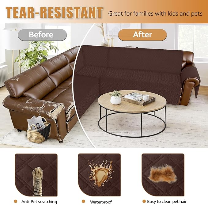 Arfntevss Waterproof Sectional Couch Covers L Shape Washable Velvet Sofa Cover for Sectional Non Slip Large Corner Slipcovers Dog 6 Pcs Universal U Shaped Furniture Protector (Dark Brown, X-Large) - Image 7