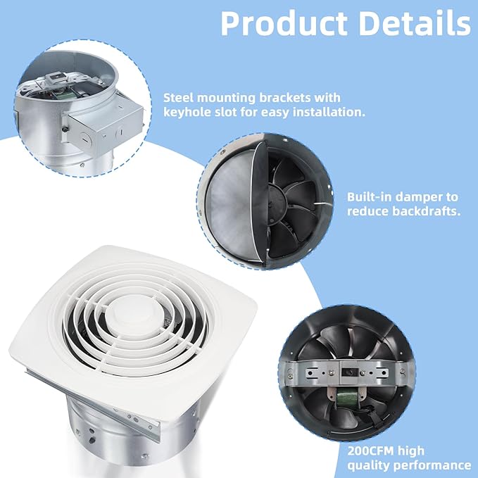 8 Inch Bathroom Exhaust Fan Ceiling Mount 200 CFM 8.5 Sones Kitchen Exhausts Fans,505 Exhaust Fan for Broan-NuTone,Vertical Discharge Ceiling Ventilation Fan for Bathroom Kitchen Laundry Room Garage - Image 7