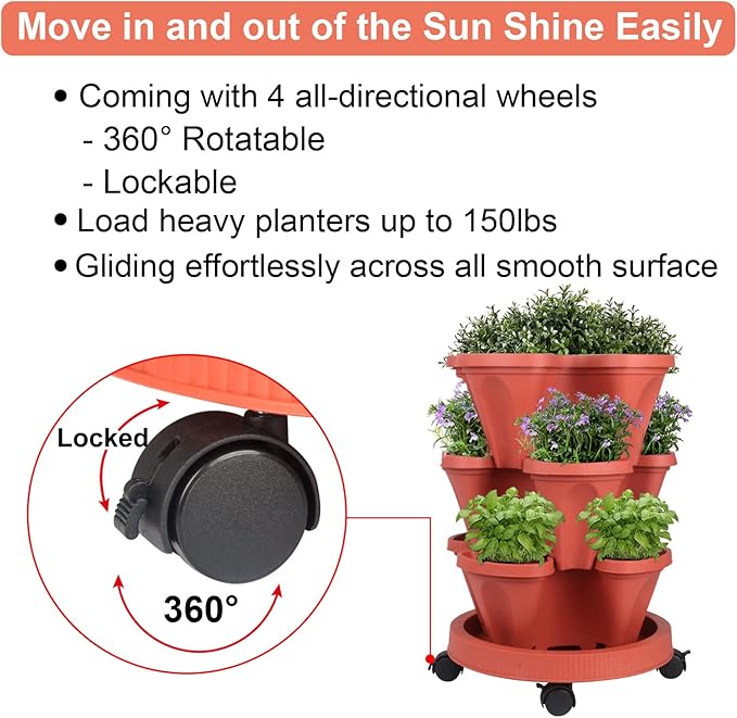 GameXcel Vertical Planter 3 Tier Stackable Planters Garden Planters Strawberry Herb Flower and Vegetable Planter Indoor Outdoor Gardening Pots with Removable Wheels and Tools - Image 6