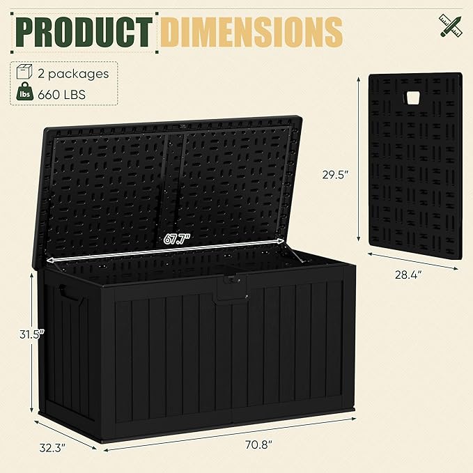 JUMMICO 270 Gallon Outdoor Storage Deck Box with Divider, Double Wall Storage Box with Lockable Lid for Garden Tools, Pools Supplies (Black) - Image 3