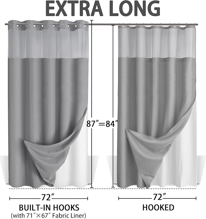 No Hook Shower Curtain and Liner Set,Grey Hotel Waffle Shower Curtain with Liner 87" L x 72" W - Image 6