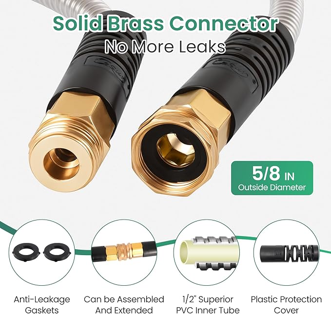 Cesun Ultra-Sturdy 25ft Metal Garden Hose - 304 Stainless Steel, Flexible & Kink-Free, UV Resistant, All-Weather, Includes High-Pressure Brass Nozzle - Ideal for Home & Outdoor Use - Image 7