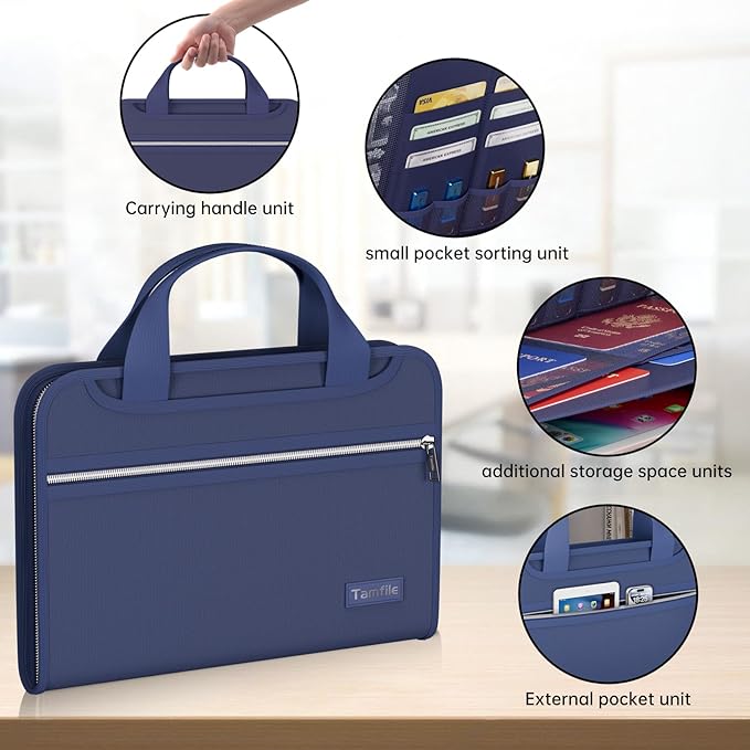 Tamfile Fireproof Accordion File Organizer with Handle, 13 Pocket Expanding File Folder with Zipper & Labels, File Folder with Multi-Pockets Paper Organizer Folder for Letter A4 Files, Blue - Image 4