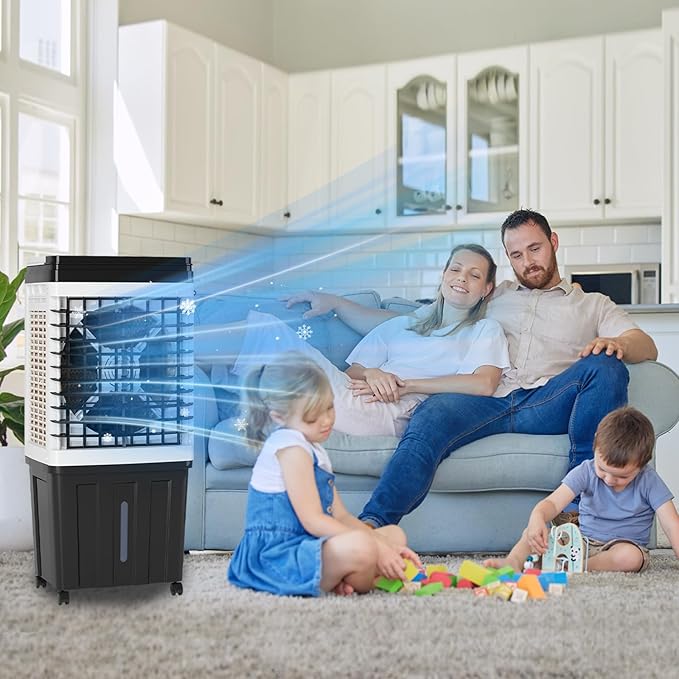 TABU 2953CFM Evaporative Air Cooler, 3-in-1 Portable Swamp Cooler with 9.3-Gal Water Tank, Cooling,Fan & Humidifier,120° Oscillation,3 Wind Speeds,7.5H-Timer,Remote Control,Ice Packs,Black - Image 2