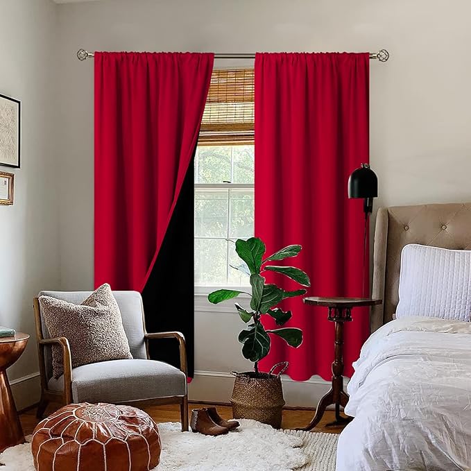 BGment Christmas Thermal Insulated 100% Blackout Curtains for Bedroom Decoration with Black Liner, Double Layer Full Room Darkening Noise Reducing Rod Pocket Curtain (52 x 84 Inch, Red, 2 Panels) - Image 2
