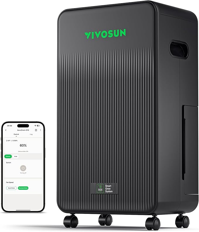 VIVOSUN AeroDrain D12 Smart Environmental Dehumidifier, up to 12L/day, 2L Water Tank, with Temperature & Humidity Sensor Probe, Smart Remote Control, Designed for Grow Tents by VIVOSUN