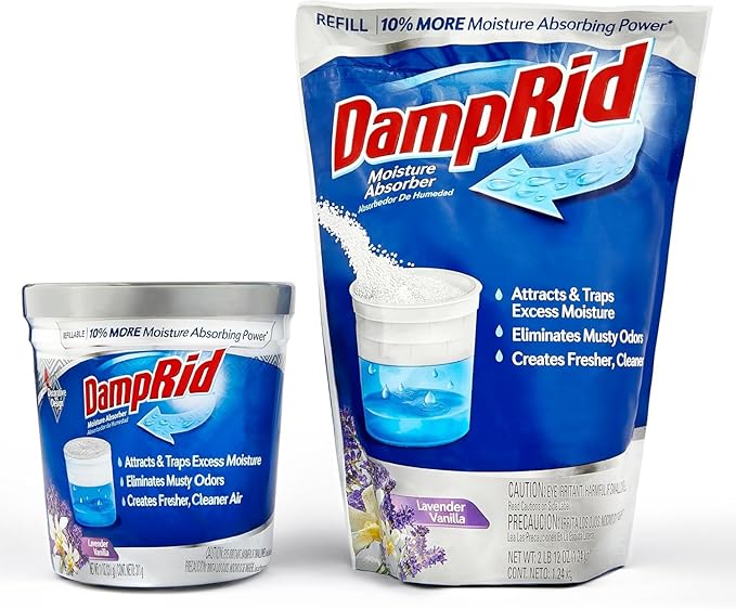 Damp Rid Refillable Moisture Absorber – Lavender Vanilla Humidity Absorber & Odor Absorber with 11oz Cup and 44oz Refill Bag, Cleaner Air for Closet & Bathroom – ILIOS Packaging by Ilios