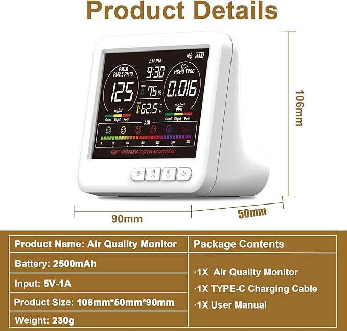 Professional Indoor Air Quality Monitor with AQI Alarms, Portable Real-Time Detector for Home Cars Plants and Pets (White) - Image 7