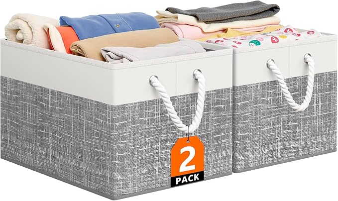 Storage Bin,Collapsible Storage Basket For Organizing,Large Storage Boxes With Rope Handles,Storage Containers,White & Grey,2 Pack by StorageTastic