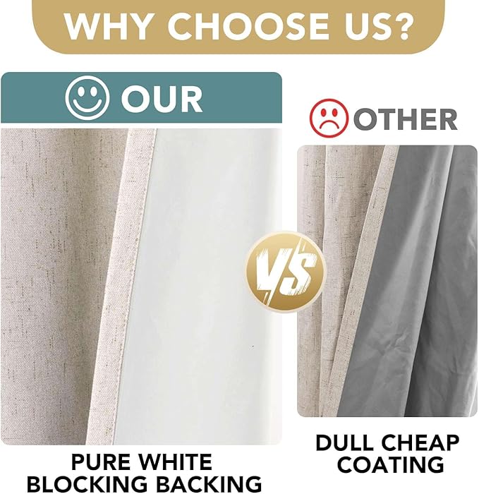 H.VERSAILTEX Linen Blackout Curtains 54 Inches Long 100% Blackout Thermal Insulated Textured Linen Look Curtain Draperies Anti-Rust Grommet, Energy Saving with White Liner, 2 Panels, Natural - Image 3