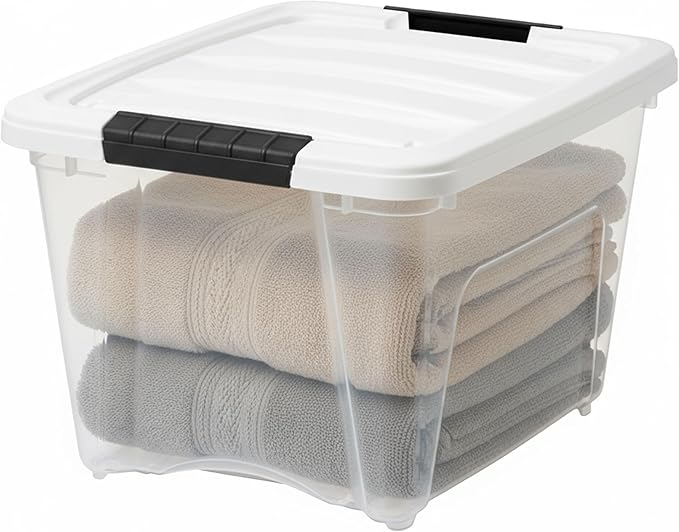 IRIS USA 19 Qt Stackable Plastic Storage Bins with Lids, 6 Pack - BPA-Free, Made in USA - See-Through Organizing Solution, Latches, Durable Nestable Containers, Secure Pull Handle - Clear/White - Image 4