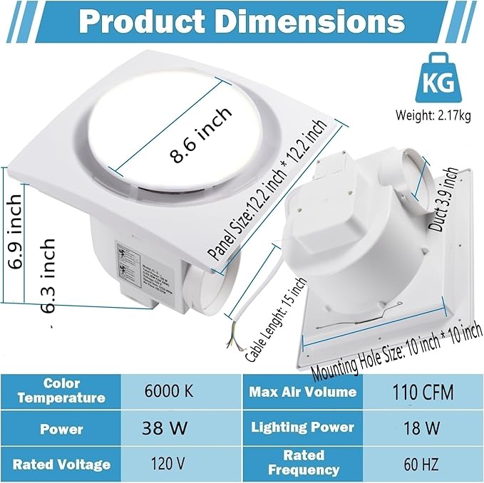 Nalle Ventilation Fans Bathroom Exhaust Fan with Light 12 inch Panel 6000K 18W Round LED 110 CFM 1.0 Sones 4 Inch Duct,110V Ceiling Mount Exhaust Fan for Shower,Bathroom,Office,Home (YFL-250) - Image 4